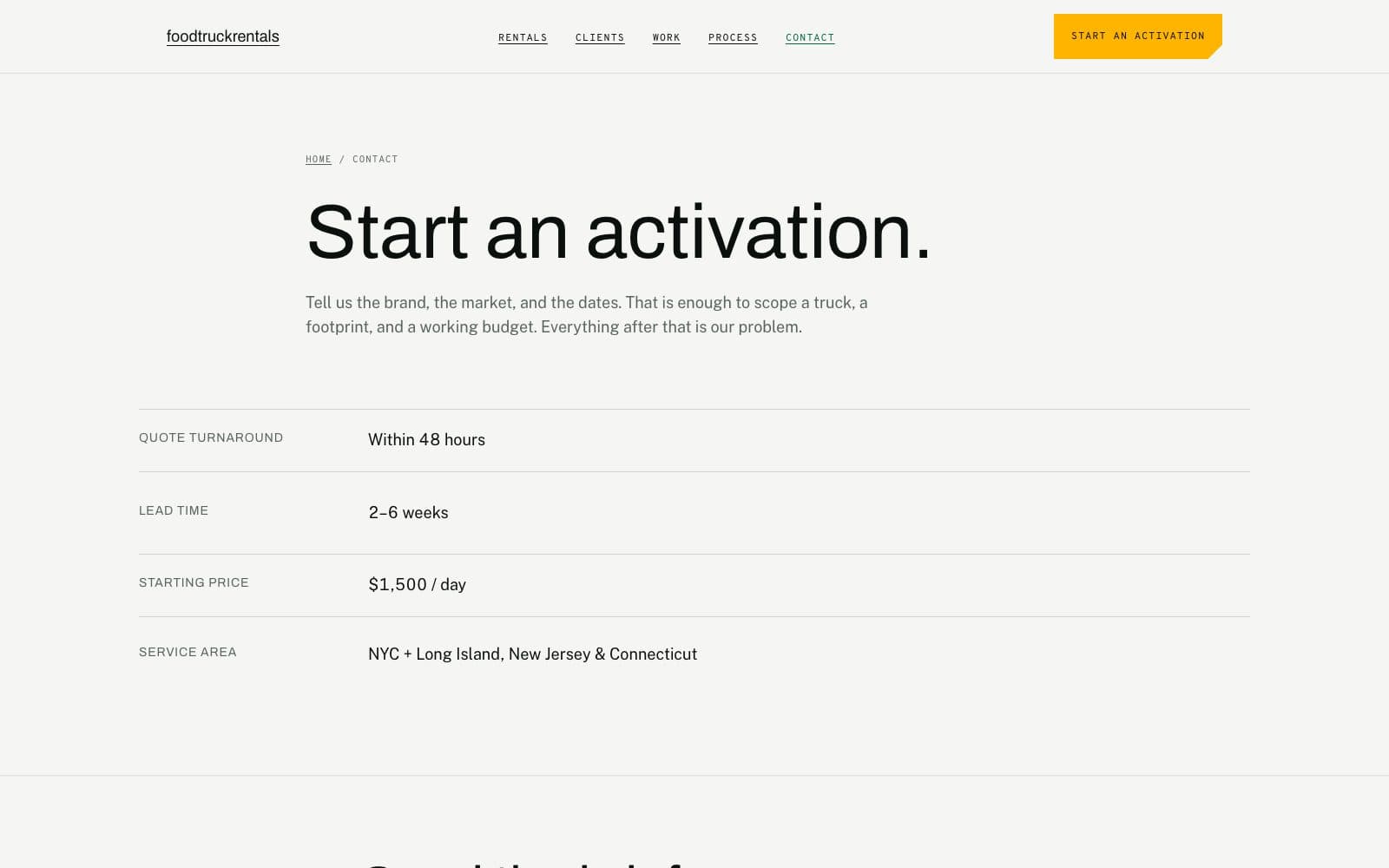 The contact page: the headline Start an activation, a lead asking for the brand, the market and the dates, and a facts ledger led by Quote turnaround, within 48 hours, with no telephone number anywhere on the page.