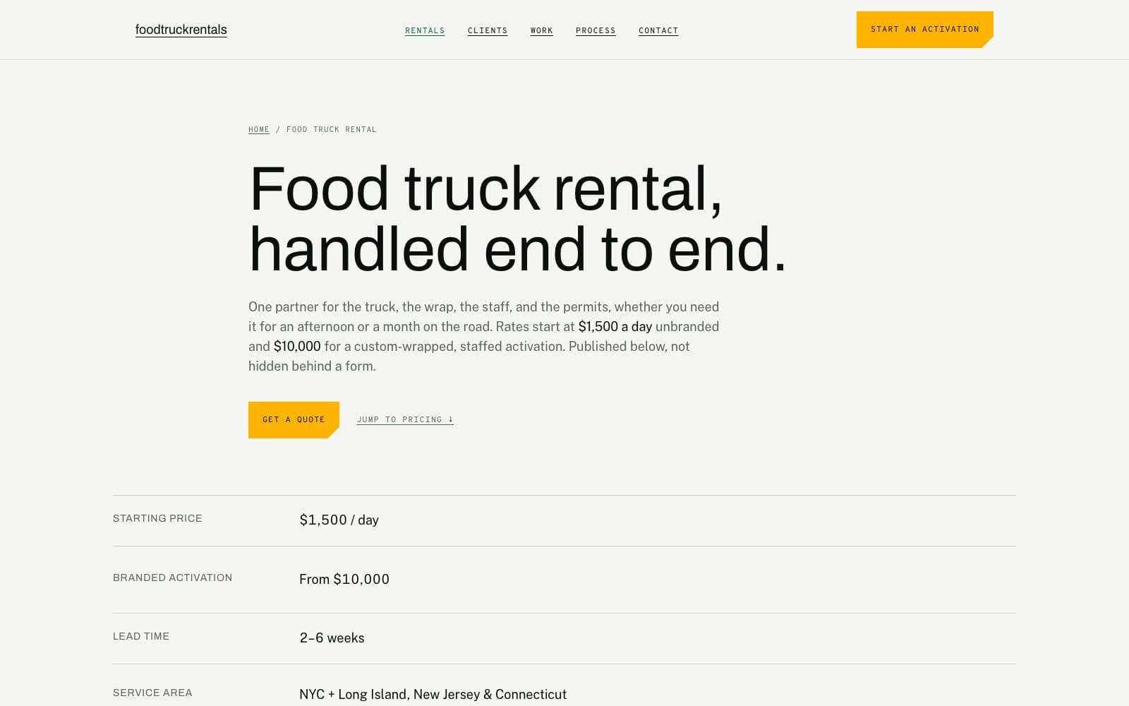 The rental page: the headline Food truck rental, handled end to end, a lead whose $1,500 a day is the pricing module's floor, and a facts ledger whose service-area row reads NYC + Long Island, New Jersey & Connecticut, the module's label verbatim.