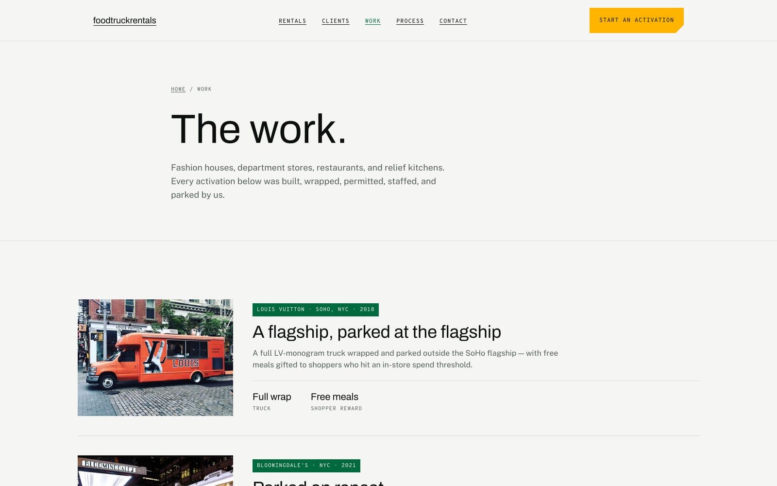 The work index: every activation, with the client, the borough, and the year