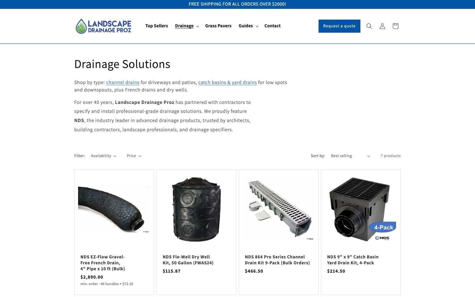 The Drainage Solutions collection: the headline Drainage Solutions, a Shop by type line linking channel drains and catch basins and yard drains, a description opening For over 40 years, filter controls for availability and price, a sort control set to best selling, a count of 7 products, and four product cards, the NDS EZ-Flow gravel-free French drain at $2,890, the Flo-Well dry well kit, the 864 Pro Series channel drain 9-pack and a 9 by 9 catch basin 4-pack, each showing a single price.