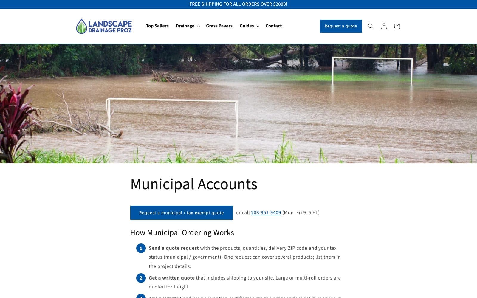 The municipal page: the store's header over a photograph of a flooded playing field with two goalposts standing in brown water, then the headline Municipal Accounts, a button reading Request a municipal / tax-exempt quote beside the store's phone number and hours, and the heading How Municipal Ordering Works over the first two numbered steps, send a quote request and get a written quote.