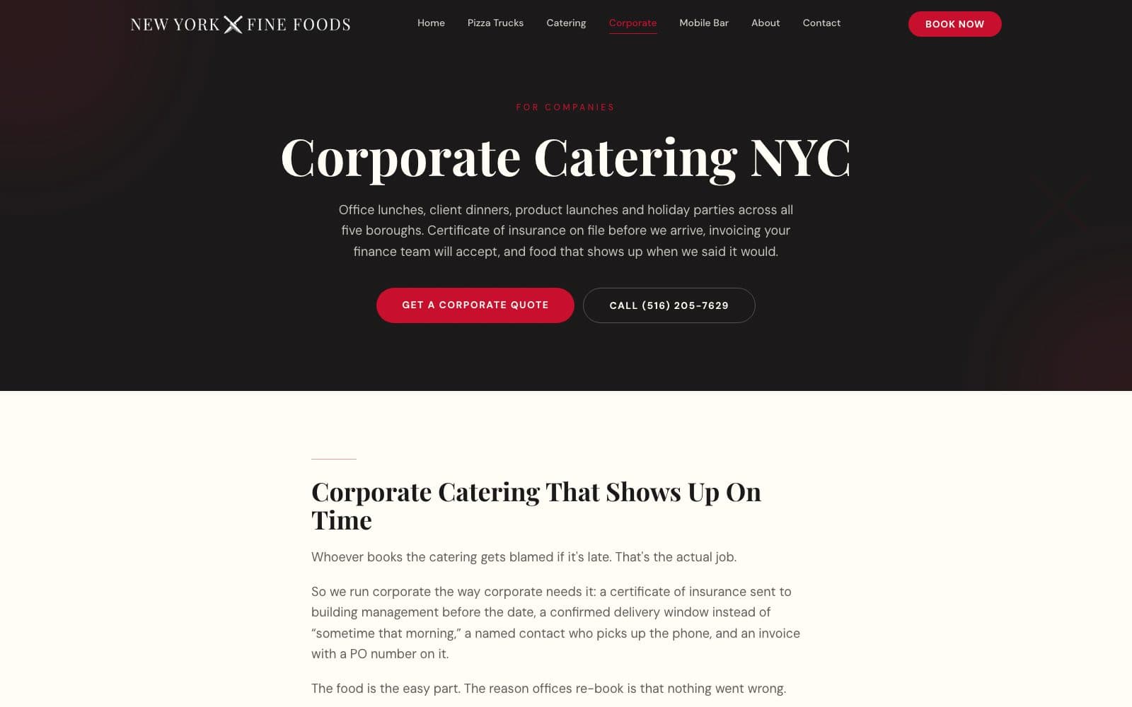The corporate catering page: the eyebrow For Companies, the headline Corporate Catering NYC, a paragraph naming the certificate of insurance and invoicing, and the section Corporate Catering That Shows Up On Time ending on an invoice with a PO number on it.