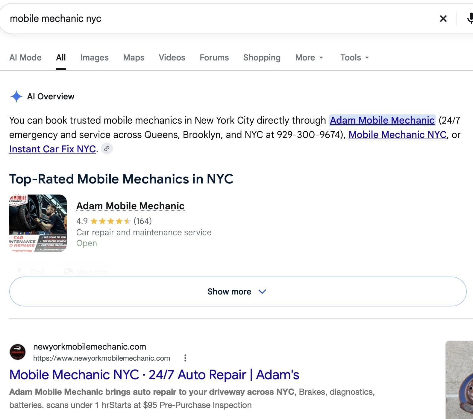 Google for mobile mechanic nyc, 8 October 2026: the AI Overview opens by naming Adam Mobile Mechanic, lists it first under Top-Rated Mobile Mechanics in NYC at 4.9 stars from 164 reviews, and the first result below is newyorkmobilemechanic.com, titled Mobile Mechanic NYC, 24/7 Auto Repair, Adam's.
