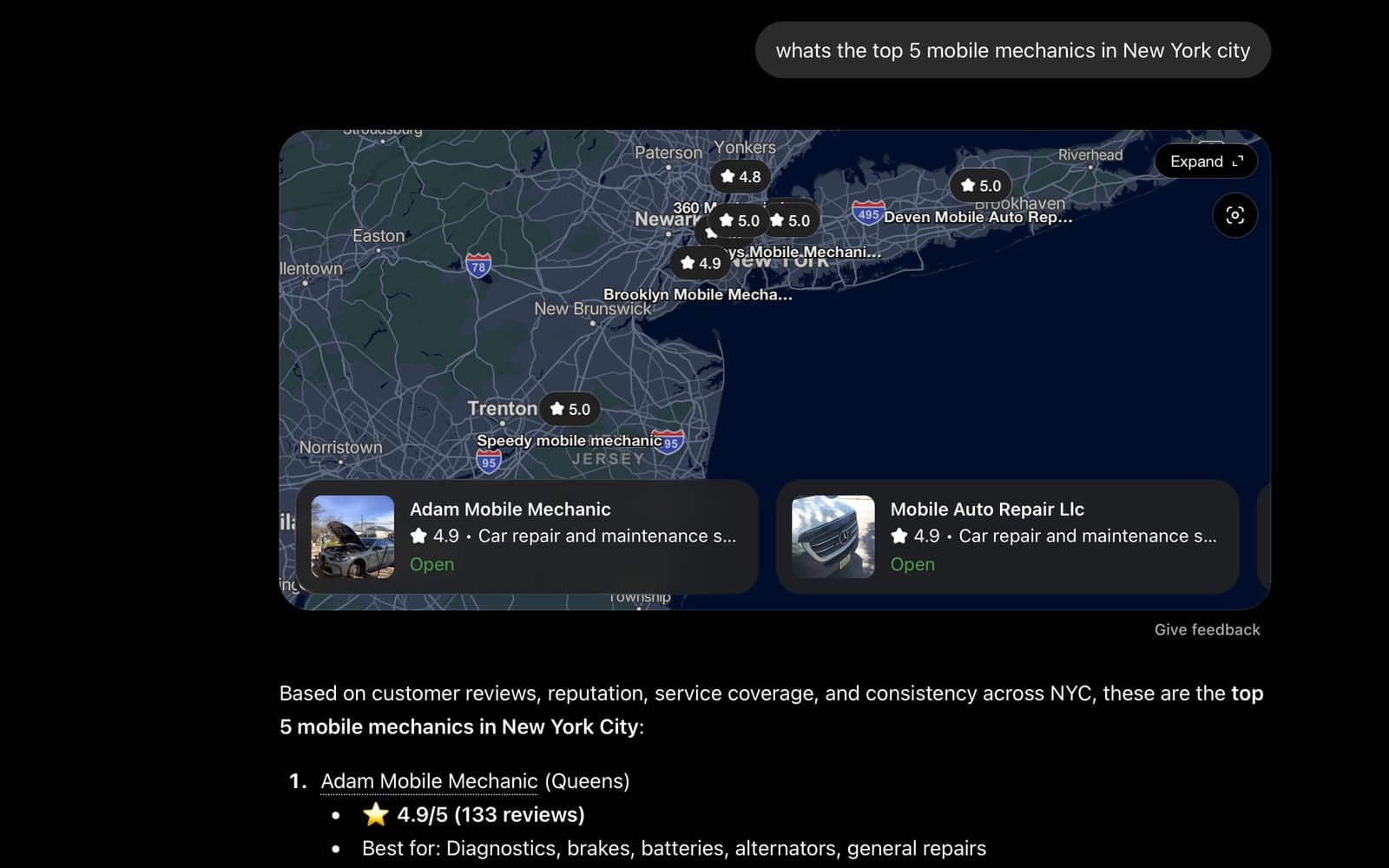 ChatGPT on 28 July 2026, asked for the top 5 mobile mechanics in New York City: a map card for Adam Mobile Mechanic at 4.9, and the business listed first in the numbered answer with 133 reviews.