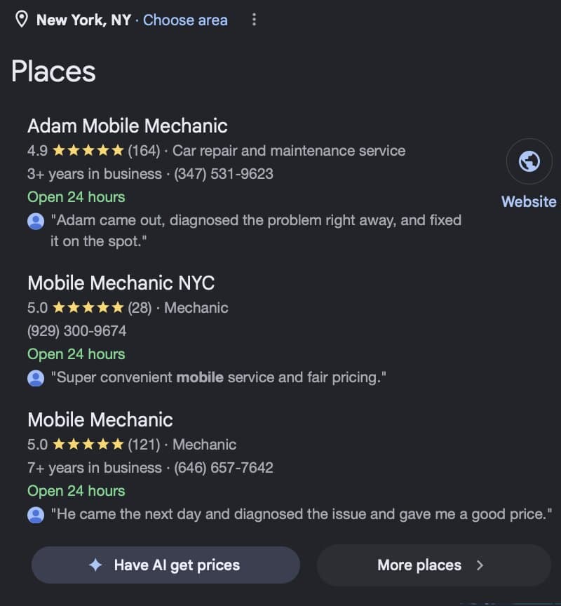 Google's Places list for new york mobile mechanic, New York, NY, 8 October 2026: Adam Mobile Mechanic first at 4.9 stars from 164 reviews, open 24 hours, above two other mobile mechanics.