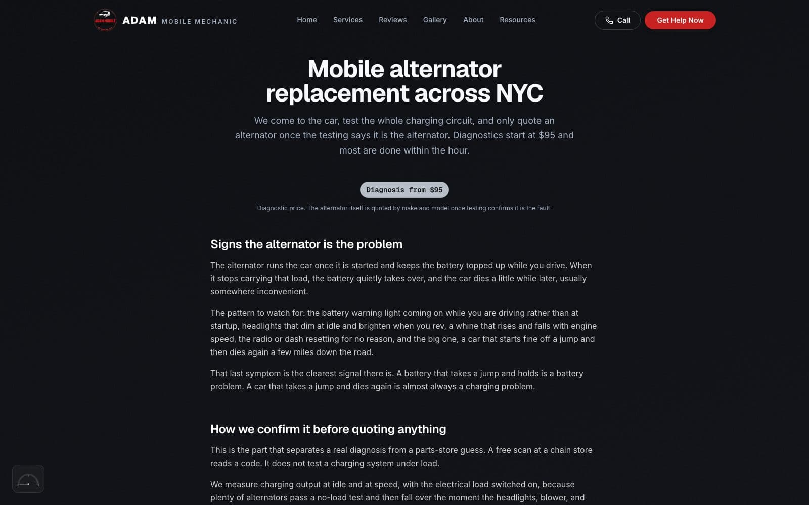 The alternator replacement page: the headline, an answer-first lead, the Diagnosis from $95 chip with a note that the alternator itself is quoted after testing, and the first symptom section.