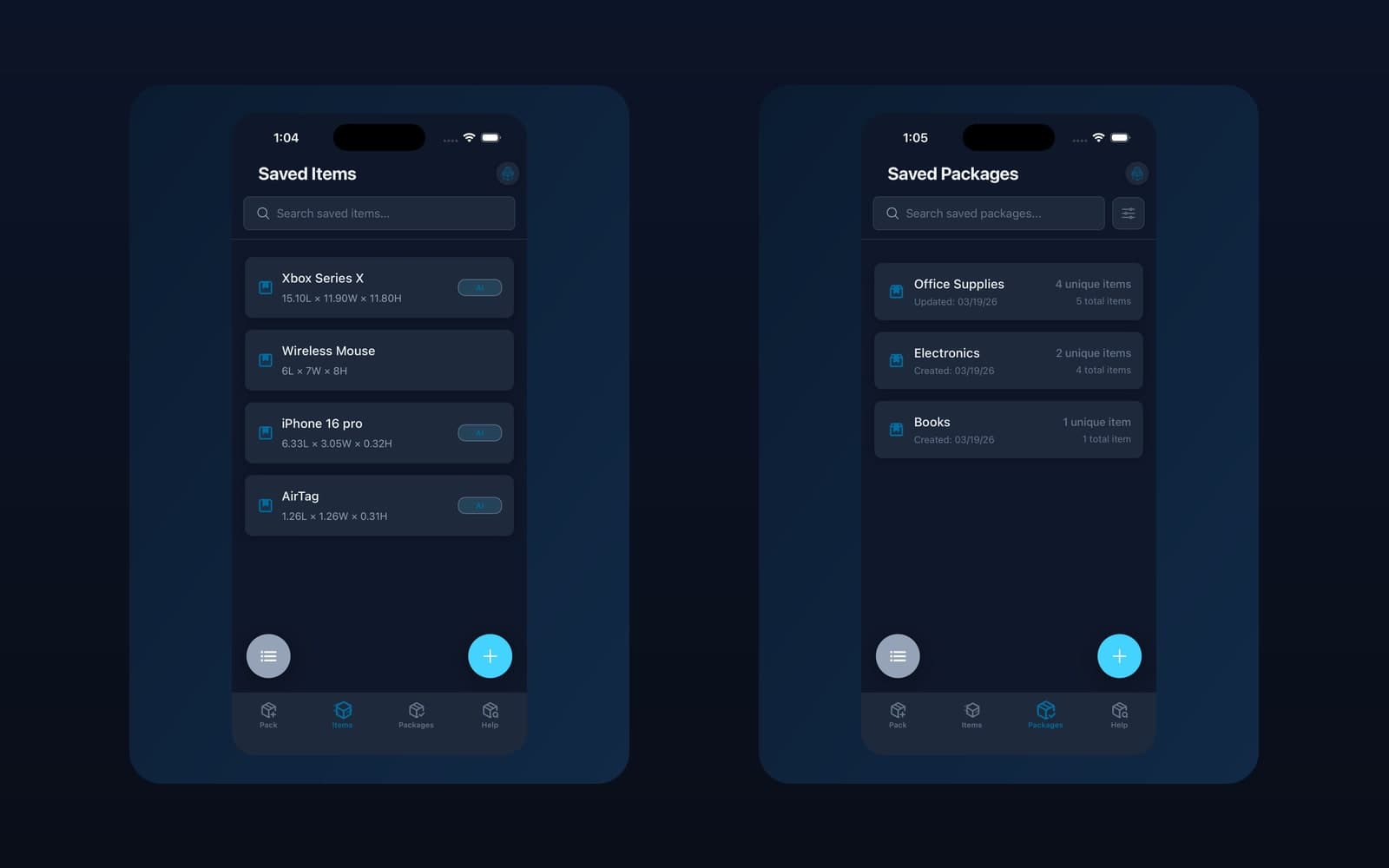 Two PackShip screens: Saved Items listing an Xbox Series X, a wireless mouse, an iPhone 16 Pro and an AirTag with their dimensions, three of them tagged AI, and Saved Packages listing Office Supplies, Electronics and Books with item counts.