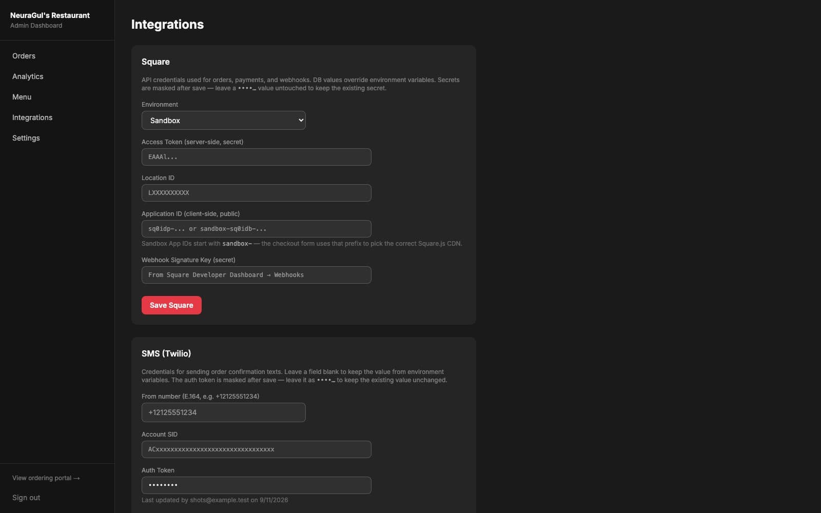 The admin Integrations page: Square environment, token and location fields, then Twilio's from-number, account SID and a masked auth token.