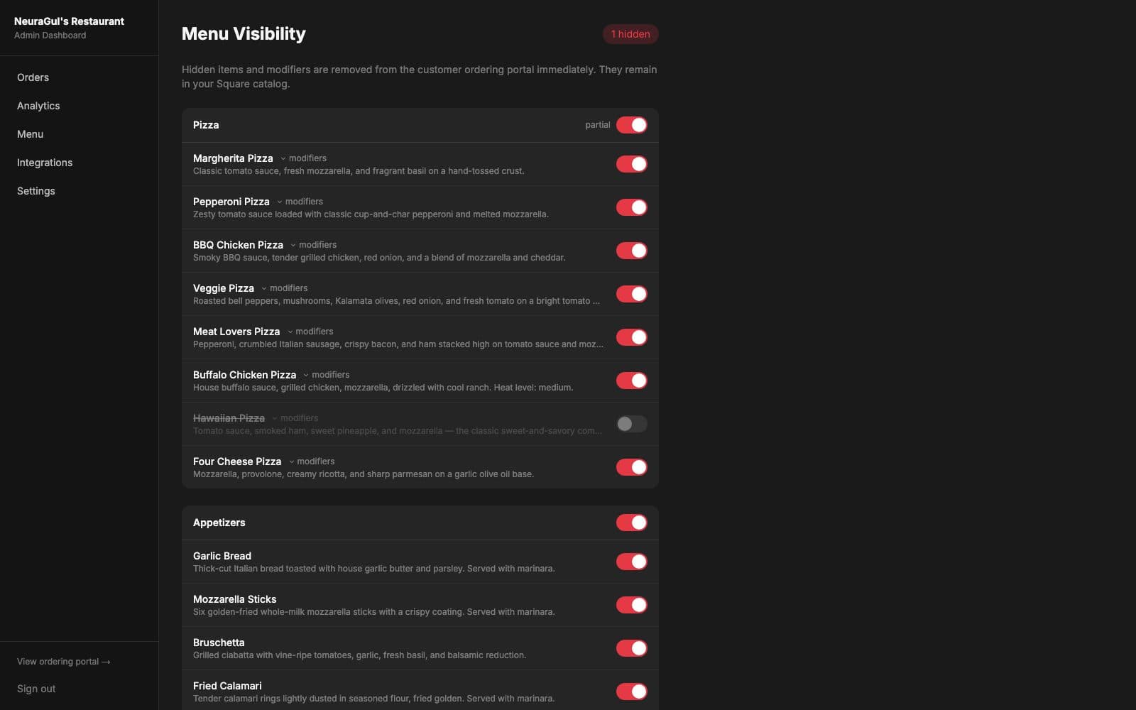 Menu Visibility in the admin: every catalog item with a toggle, one pizza switched off and struck through, and a '1 hidden' count.