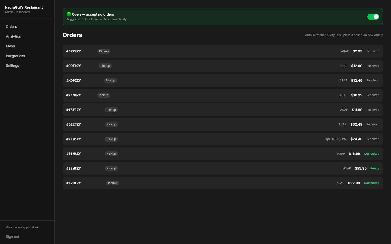 The admin Orders page: a green 'Open — accepting orders' switch above a feed of Square sandbox orders marked Received, Ready or Completed.