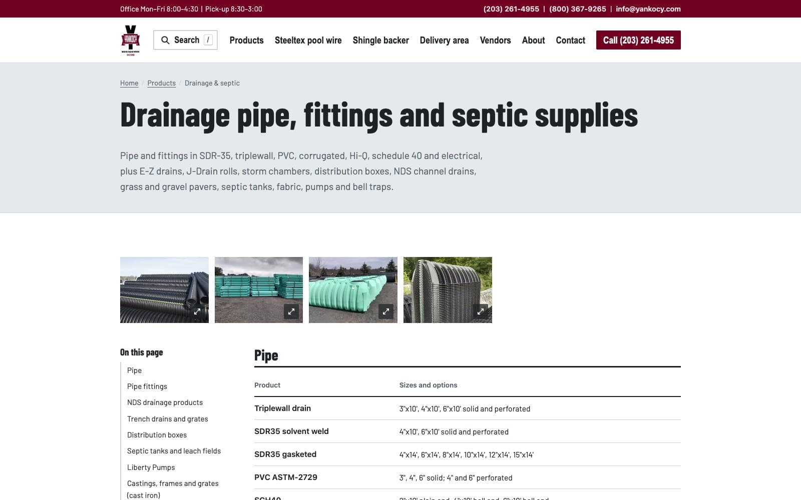 The drainage and septic category page: the headline Drainage pipe, fittings and septic supplies, an intro listing pipe types, a strip of four product photos, an On this page list of product groups, and a Pipe table with rows for triplewall drain, SDR35 solvent weld, SDR35 gasketed and PVC ASTM-2729 with their sizes.