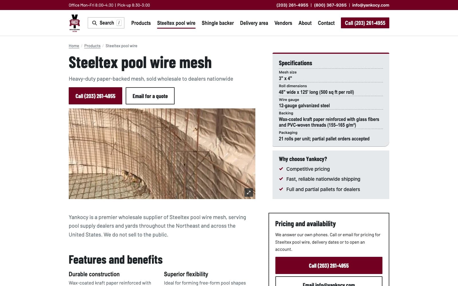 The rebuilt Yankocy Steeltex pool wire page, with its specifications panel