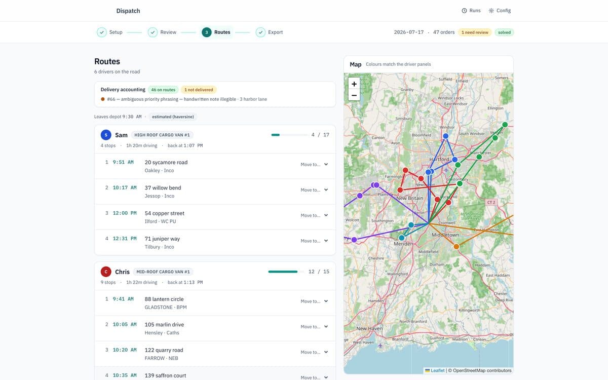 Solved delivery routes in the dispatch app