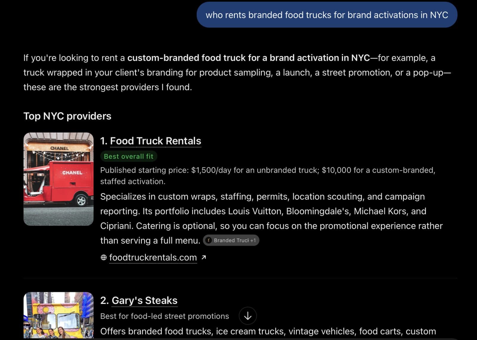 ChatGPT, asked who rents branded food trucks for brand activations in NYC: under Top NYC providers, 1. Food Truck Rentals, tagged Best overall fit, with a published starting price of $1,500 a day unbranded and $10,000 custom-branded and staffed, a portfolio including Louis Vuitton, Bloomingdale's, Michael Kors and Cipriani, and a link to foodtruckrentals.com.