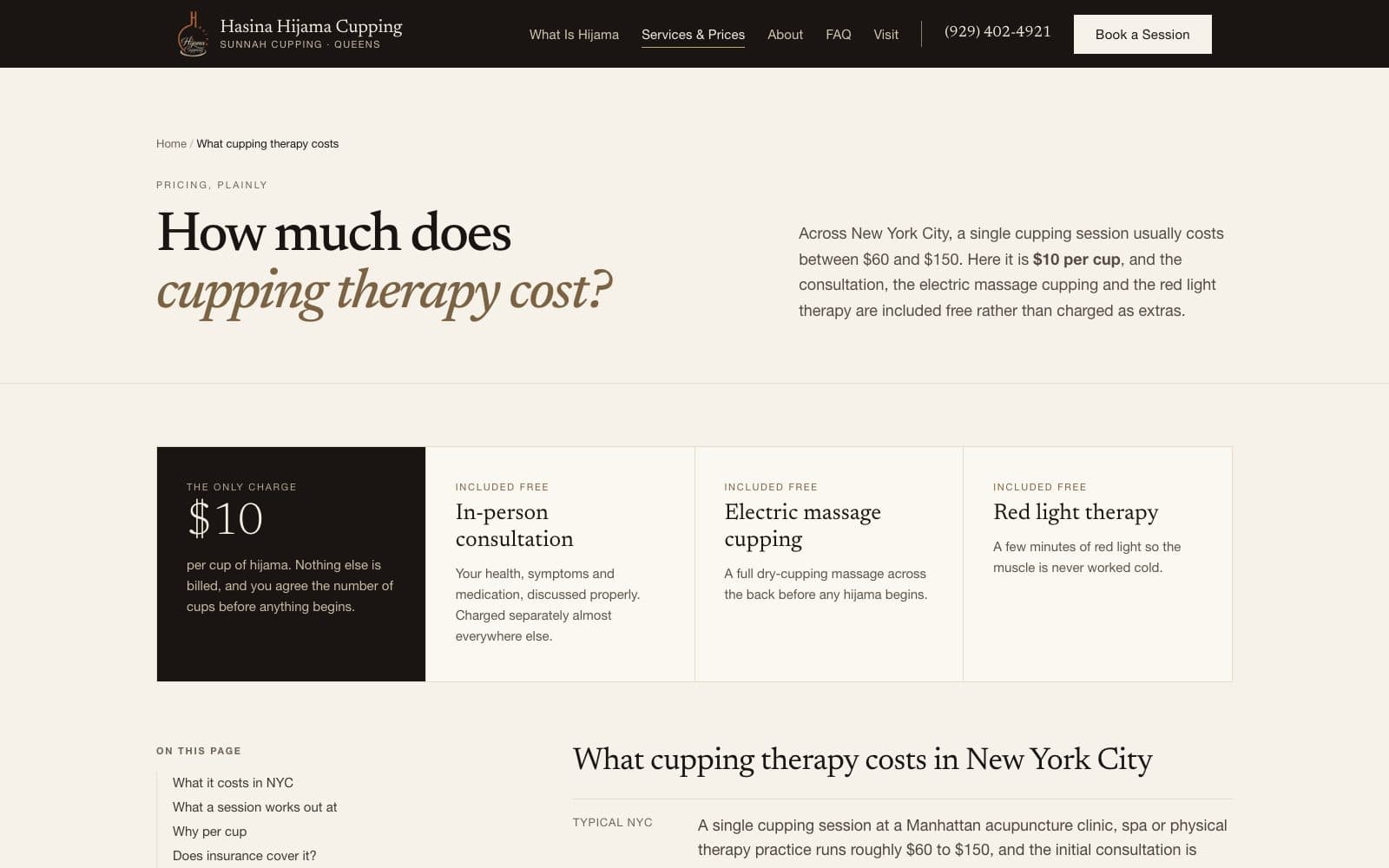 The cost page: the breadcrumb What cupping therapy costs, the headline How much does cupping therapy cost?, a lead setting $60 and $150 against $10 per cup, and a price grid with one dark cell, The only charge, $10, beside three cells marked Included free.