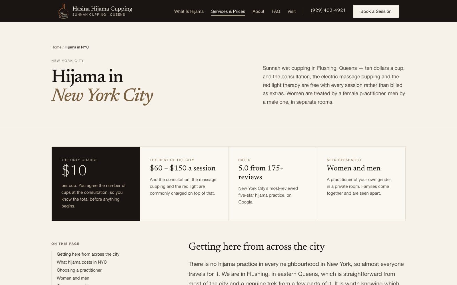 The city page: the breadcrumb Home / Hijama in NYC, the headline Hijama in New York City, and a four-cell strip reading $10 per cup, $60 to $150 a session for the rest of the city, 5.0 from 175+ reviews, and women and men seen separately, above a contents list that opens with Getting here from across the city.