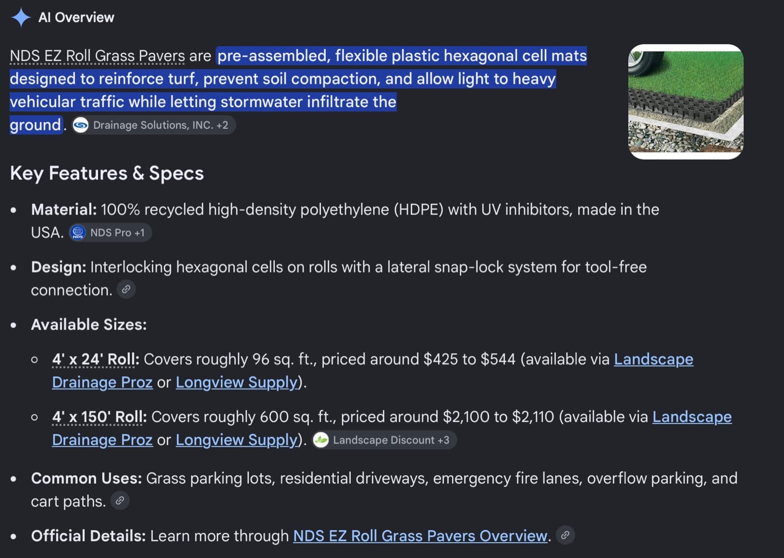 Google's AI Overview for NDS EZ Roll Grass Pavers, 8 October 2026: a definition, then Key Features and Specs listing the material, the snap-lock design, and two roll sizes, 4 by 24 feet at about $425 to $544 and 4 by 150 feet at about $2,100 to $2,110, each available via Landscape Drainage Proz or Longview Supply, followed by common uses.
